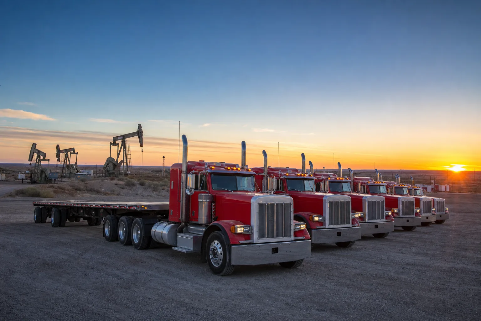 A row of GTM Transport flatbed trucks parked at the yard at sunrise with pumpjacks in the background