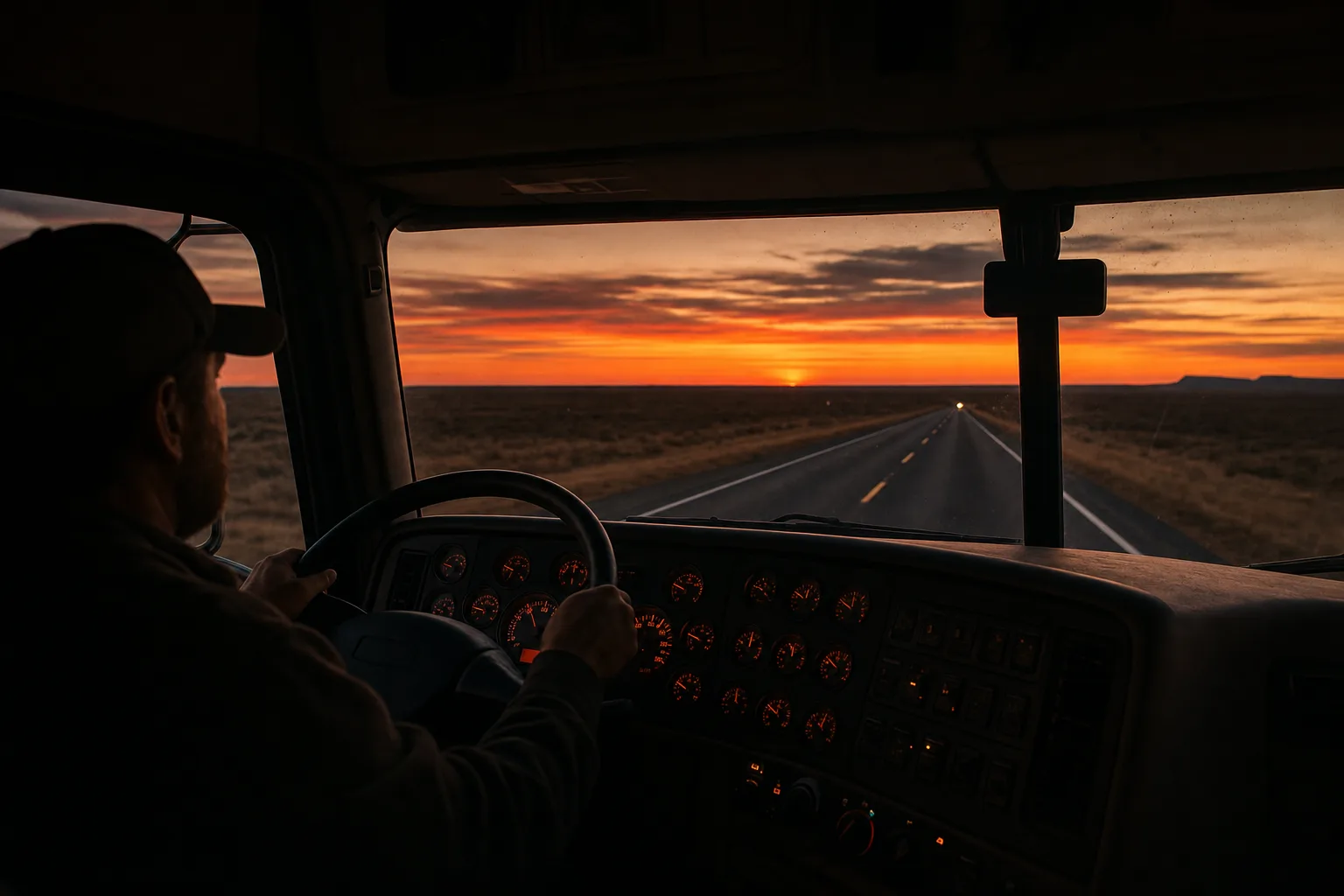 View from inside a semi-truck cab driving down a West Texas highway at sunset