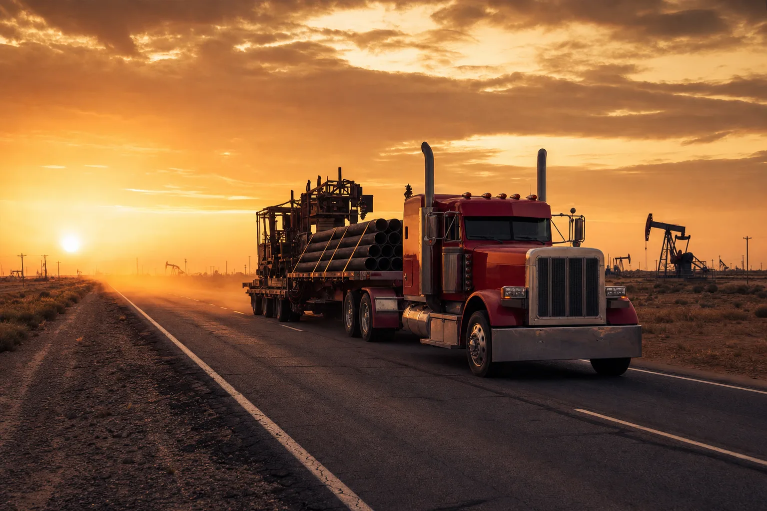 GTM Transport flatbed truck hauling steel pipe and oilfield equipment past pumpjacks on a West Texas highway at sunset