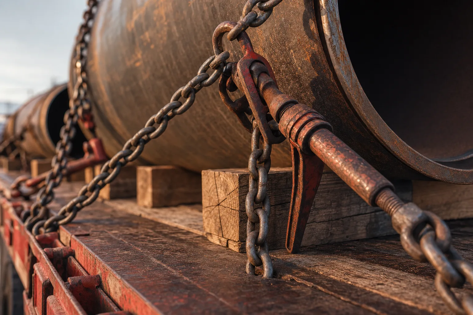Steel pipe secured with chains and binders on a GTM Transport flatbed trailer